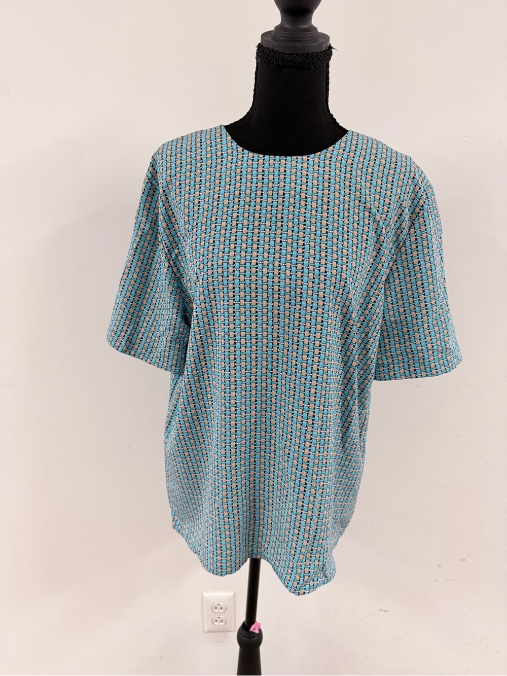 Worthington Short-Sleeve Woven Top in Teal and Black